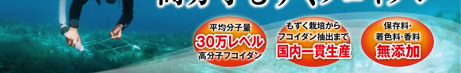 平均分子量30万レベル高分子フコイダン もずく栽培からフコイダン抽出まで国内一貫生産 保存料・着色料・香料無添加 ※1 ウルトラフコイダンとは、独自技術「ウルトラフィルトレーションF」技術により抽出・精製した、平均分子量30万レベルの高分子もずくフコイダンのことを言います。
