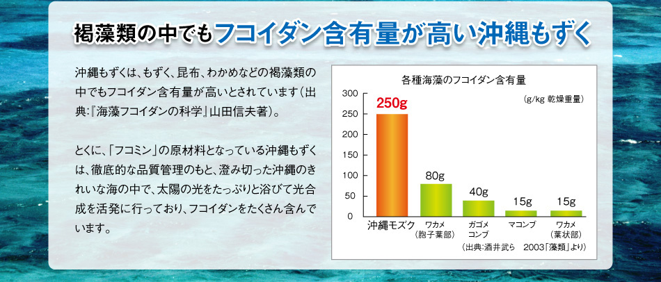 褐藻類の中で、最もフコイダン含有量が高い沖縄もずく 沖縄もずくは、もずく、昆布、わかめなどの褐藻類の中で、最もフコイダン含有量が高いとされています（出典：『海藻フコイダンの科学』山田信夫著）。とくに、「フコミン」の原材料となっている沖縄もずくは、徹底的な品質管理のもと、澄み切った沖縄のきれいな海の中で、太陽の光をたっぷりと浴びて光合成を活発に行っており、良質なフコイダンをたくさん含んでいます。