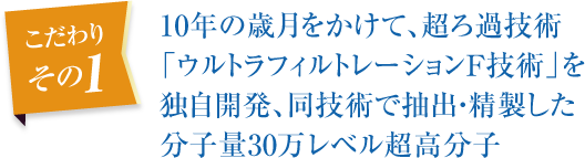 10年の歳月をかけて、超ろ過技術「ウルトラフィルトレーションF技術」を独自開発、同技術で抽出・精製した分子量30万レベル超高分子